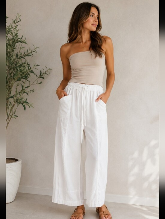 Anthropologie Pants - Anthropologie Maeve White Wide Leg Drawstring Pants Size M Casual Resort Coastal
